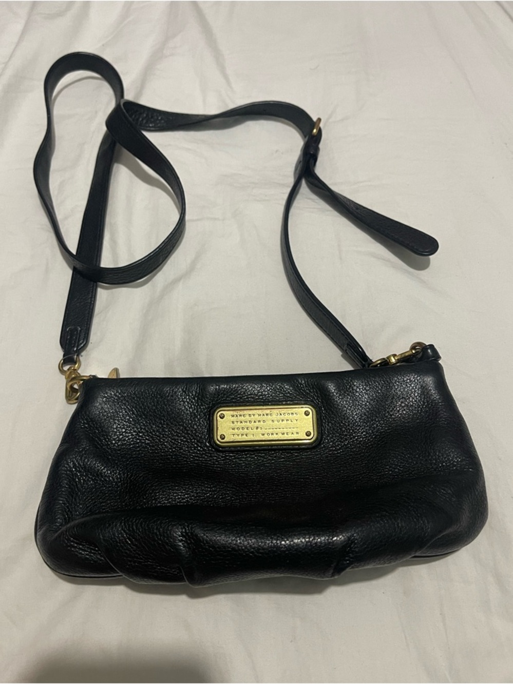 Marc by Marc Jacobs Black Leather Pebbled Crossbody with Gold Plaque